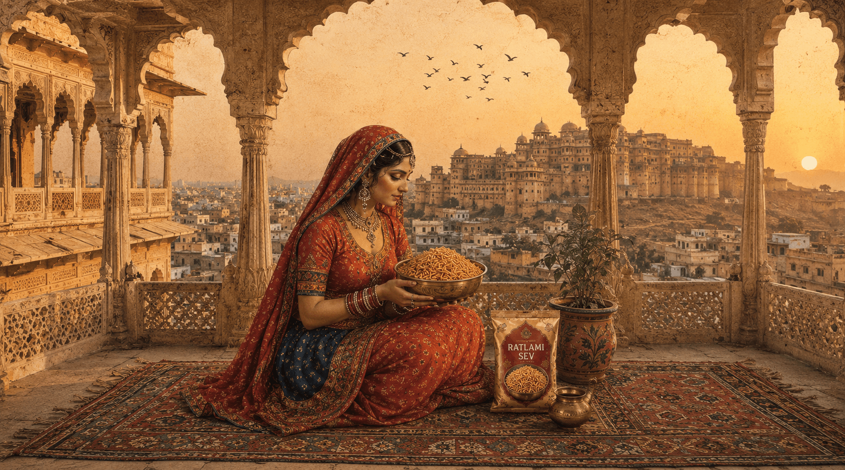 A woman on a Rajasthani haveli terrace holding a bowl of sev, the old city and fort behind her at sunset